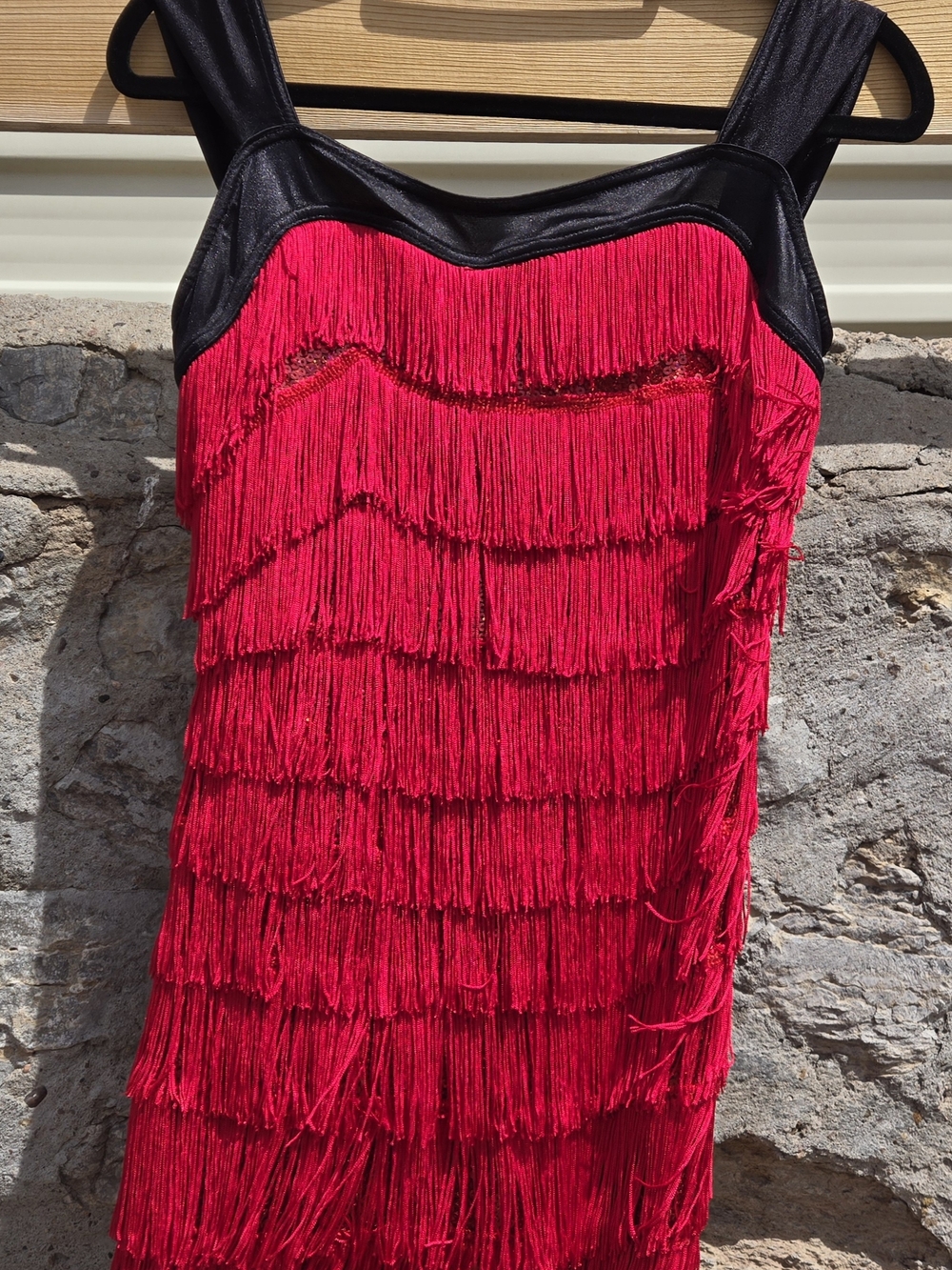 Weissman Womens Red Fringe Dance Costume XXL Sequin Black Trim Jazz Latin